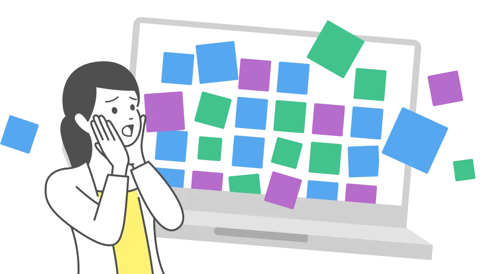 kintoneのアプリが増えすぎて管理が困難になっている状態のイラスト。アプリが溢れて整理できない課題を視覚的に表現している